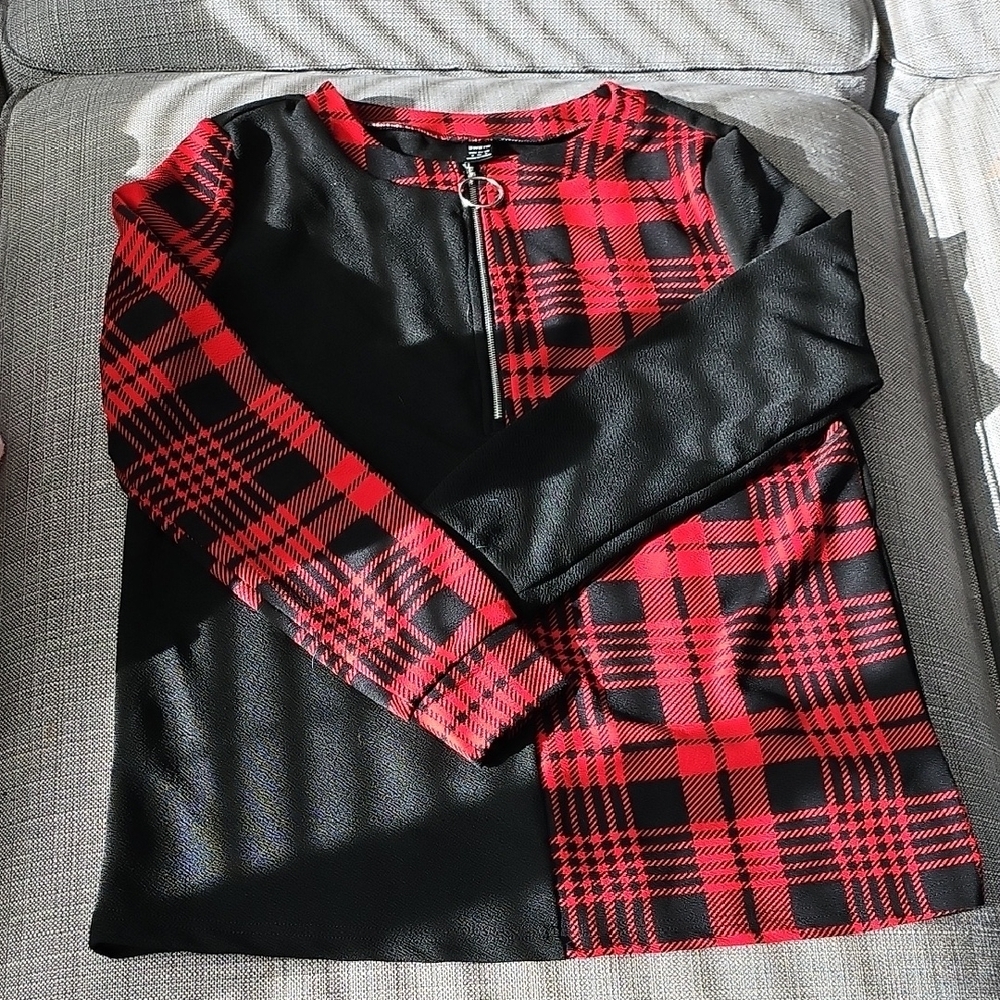 Red and Black Plaid Long Sleeve Top